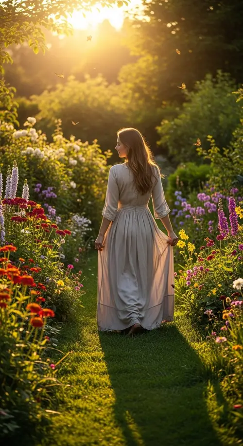 Irish Woman in Long Dress Strolling in Lush Summer Garden
