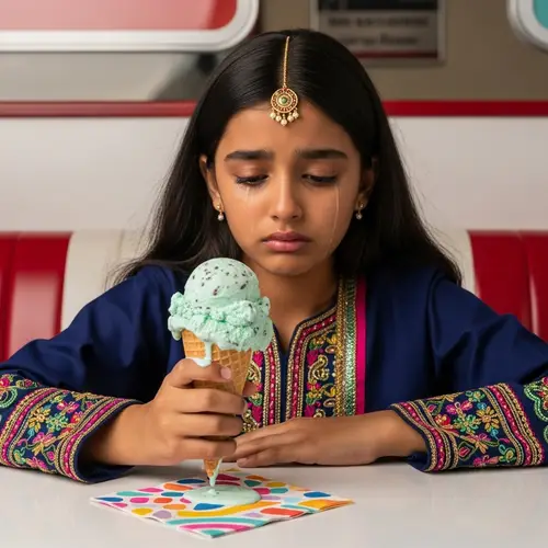 Upset South Asian Girl Eating Mint Chip Ice Cream at Diner