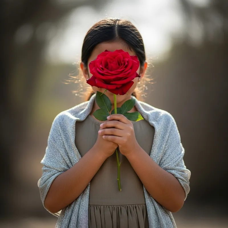 Modest Girl in Earth-Colored Dress with Silver Shawl and Red Rose