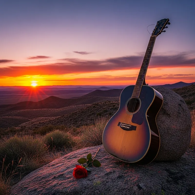 Guitar on Rock with Sunset and Rose