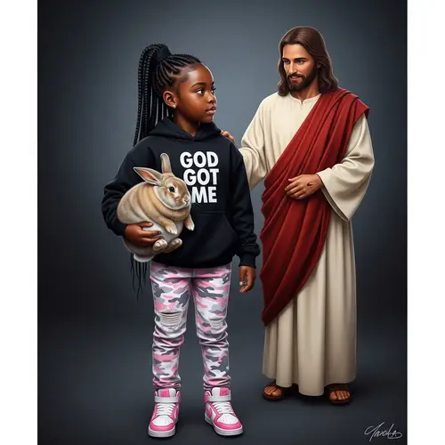 Realistic Airbrush Style Image of Young Black Girl with Braids and 'God Got Me' Hoodie