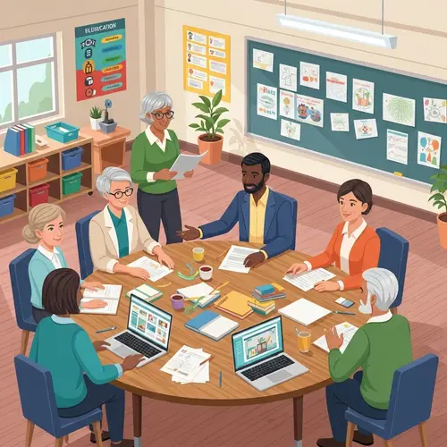 Diverse Teachers Collaboration in Colorful Classroom