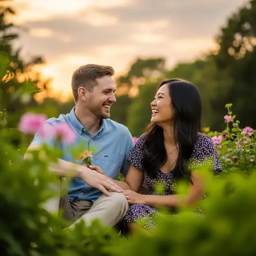 Intimate Sunset Garden Scene with Loving Couple