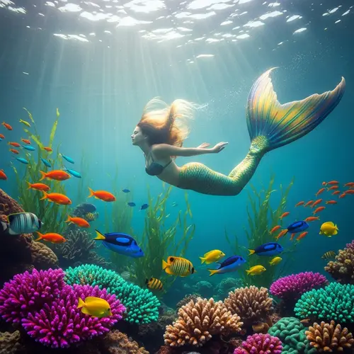 Surreal Underwater Scene with Mermaid and Exotic Fish