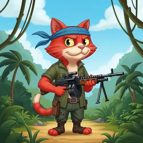 Action-Packed Red Cat Character in Lush Jungle | Brand Name