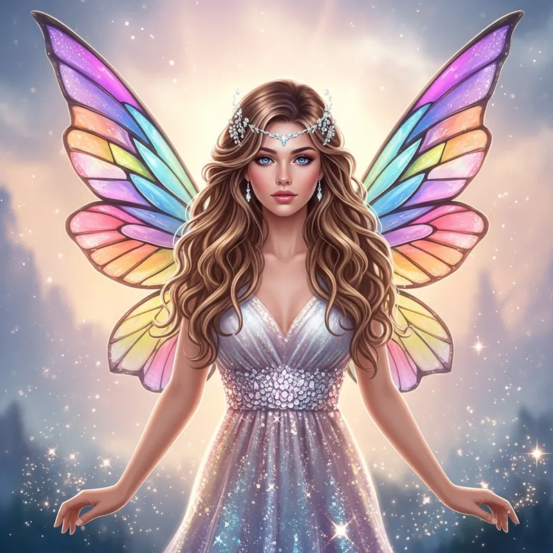 Enchanting Feminine Fantasy Fairy with Honey Blonde Wavy Hair & Colorful Wings