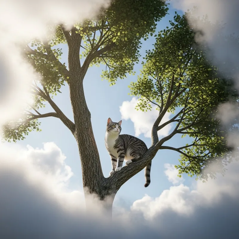 Curious Cat on Tree Branch | Sky & Fluffy Clouds View