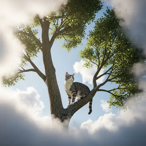 Curious Cat Perched on Tree Branch | Bright Eyes and Fluffy Clouds