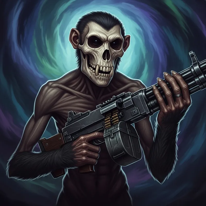 Fantasy Monkey Skull Machine Gun Illustration Fantasy Monkey Skull Machine Gun Illustration