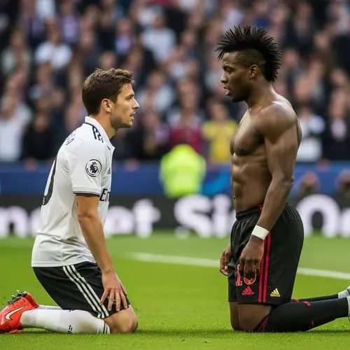 Soccer Player Kneeling Before Another in Stadium Scene