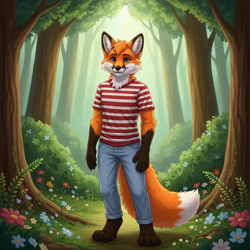 Anthropomorphic Fox Character in Tranquil Forest Setting