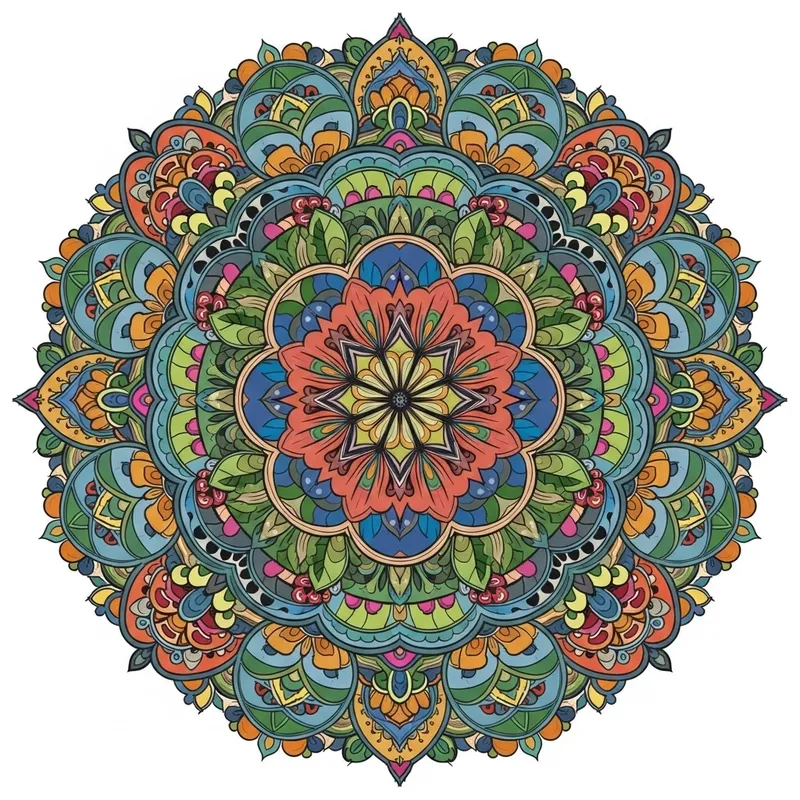 Vibrant Floral Mandala with Intricate Leaf and Flower Designs