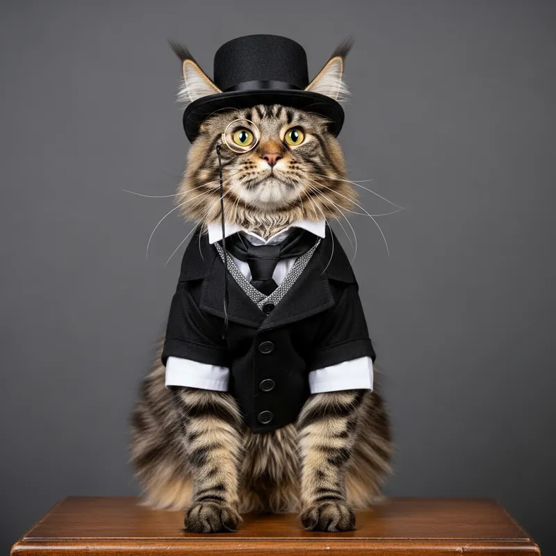 Formal Maine Coon Cat in Stylish Top Hat and Monocle