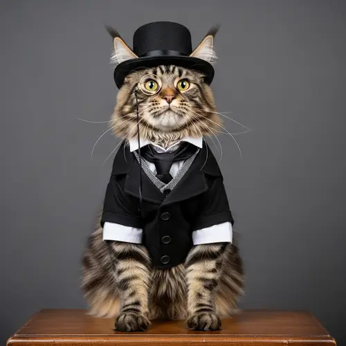 Elegant Maine Coon Cat in Vintage Top Hat and Monocle