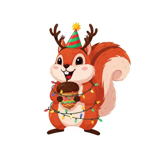 Cheerful Cartoon Squirrel Illustration with Party Hat & Christmas Lights