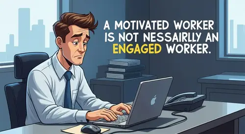 Vibrant Cartoon Office Scene: Engagement vs. Motivation