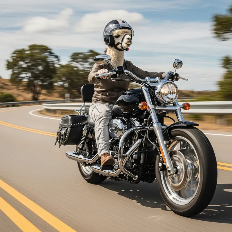 Alpaca in Helmet Riding Motorcycle | Adventure Scene