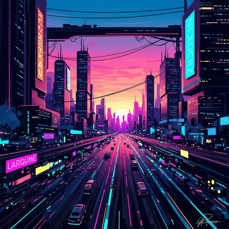 Neon Cyberpunk Cityscape | Futuristic Sunset Artwork Neon Cyberpunk Cityscape | Futuristic Sunset Artwork