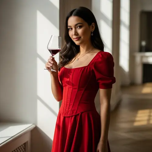 Elegant Woman in Red Corset Enjoying Wine