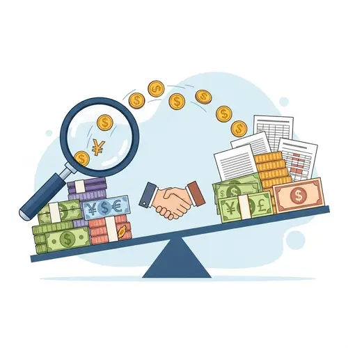 Financial Acquisition Process with Currencies and Handshake Symbol