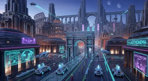 Futuristic Roman-Inspired Cityscape: Metallic Hues, High-Tech Streets