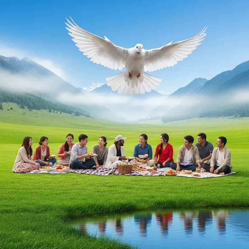 Peaceful Grassland Painting with Pigeon of Harmony