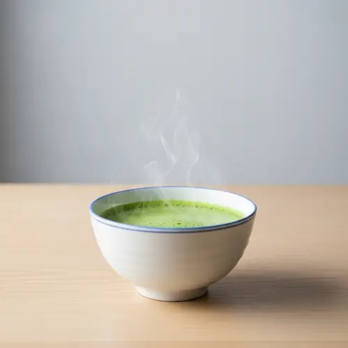 Steaming Matcha Tea on Wooden Table | Minimalist Composition
