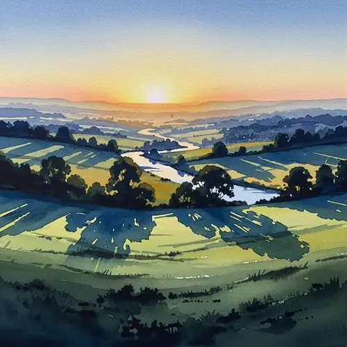 Watercolor Abstract Landscape: Rolling Hills & River