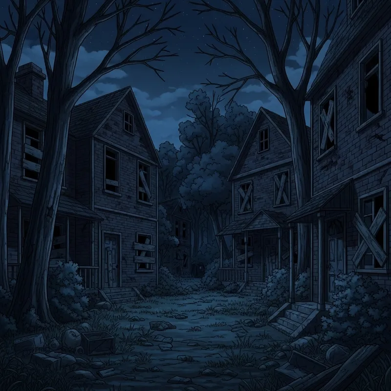 Eerie Nightscape: Abandoned Brick Houses & Trees in Ghibli Style