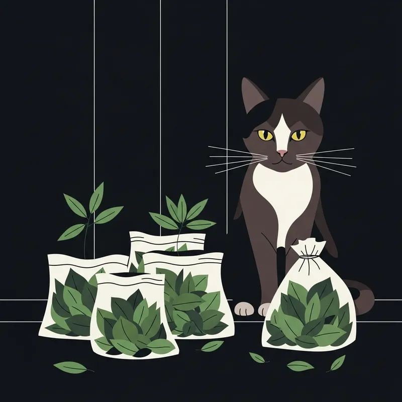 Stylized Minimalist Cat with Dark Marijuana Bags