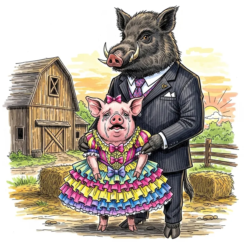 Stylish Black Wild Boar Poses with Pink Pig in Colorful Dress