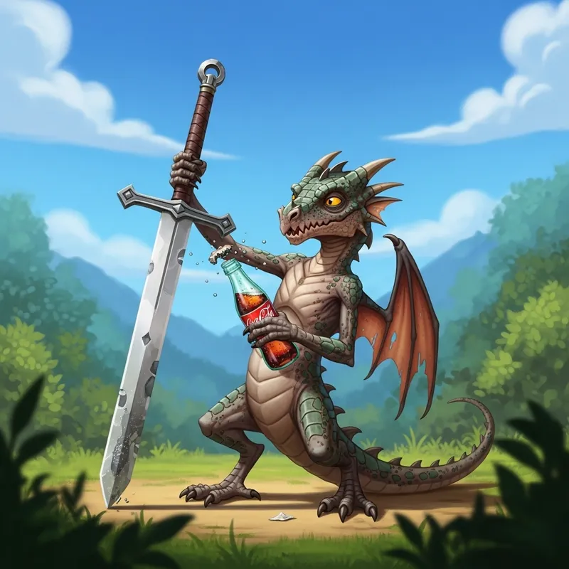 Feeble Dragon Comedy: Scraggly Dragon With Long Sword and Soda