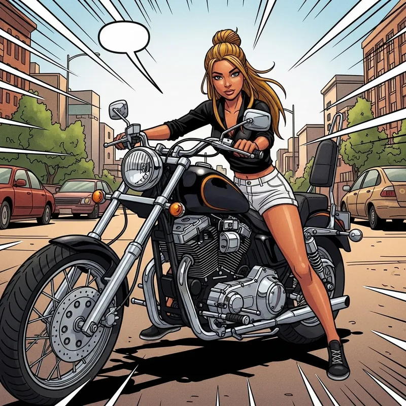 Comic Style Girl with Tan Skin and Long Light Hair on Motorcycle