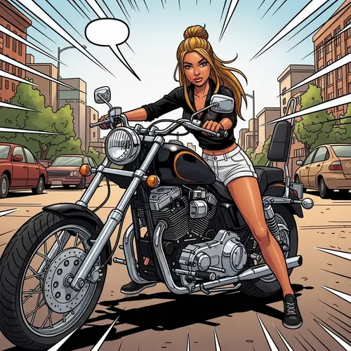 Comic Book Style Girl with Tan Skin on Motorcycle
