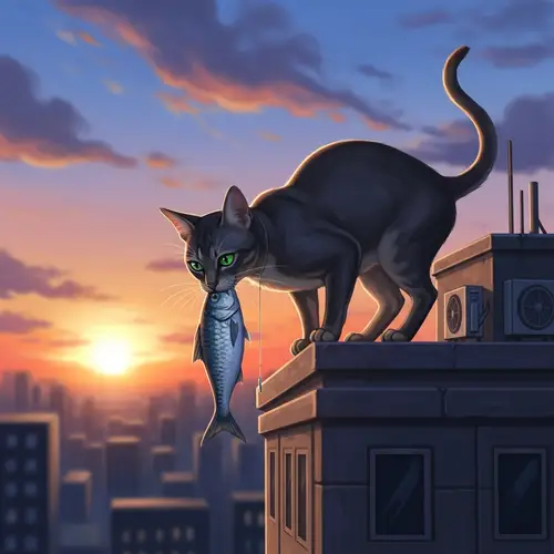 Urban Cat Eating Fish at Sunset