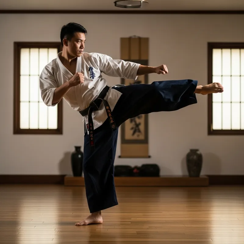 Bruce Lee Demonstrates Powerful High Kick in Traditional Dojo Setting