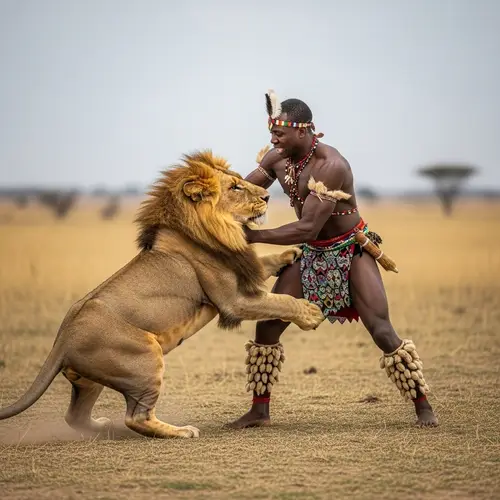 African Man Lion Wrestling in Savannah | Brave Tribal Display