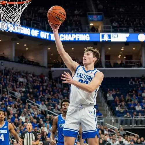 College Basketball Player's Last Minute Shot in Stadium
