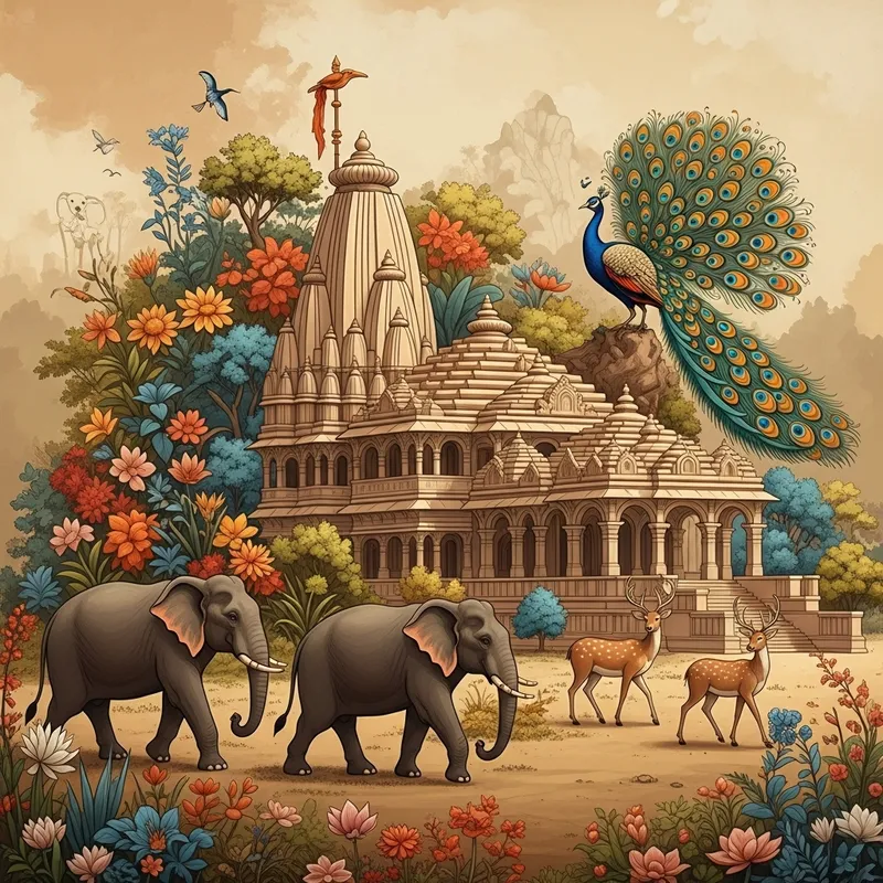 Divine Grace: An Abstract Representation of South Asian Temple and Wildlife Harmony