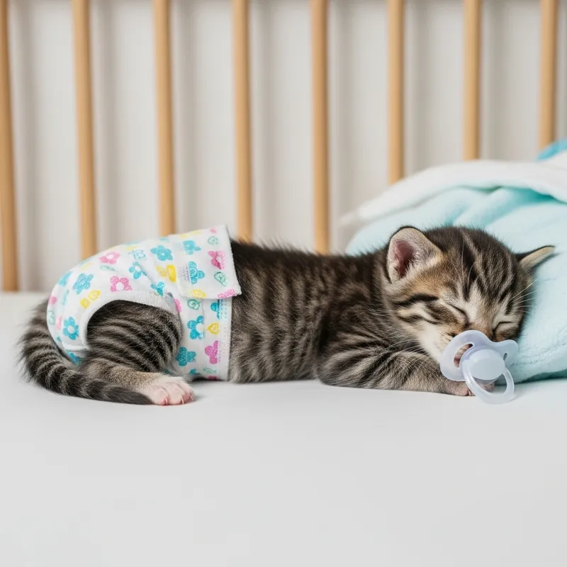Cute Baby Kitten Sleeping in Crib with Diapers and Pacifier Cute Baby Kitten Sleeping in Crib with Diapers and Pacifier