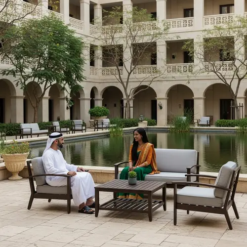 Courtyard Scene with Pond and Outdoor Furniture
