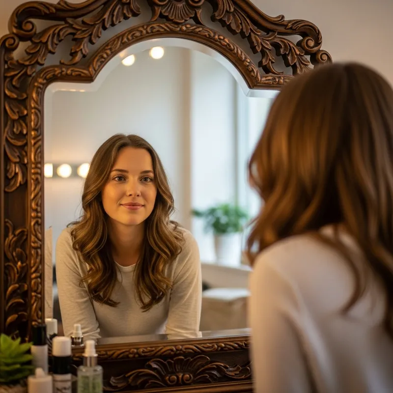 Hyperrealistic Portrait of Young Woman, 20, Smiling in Mirror