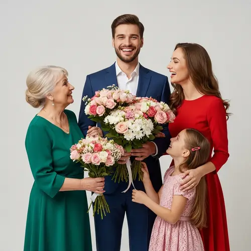 Beautiful Family Portrait with Gorgeous Flowers in Hyperrealistic Style