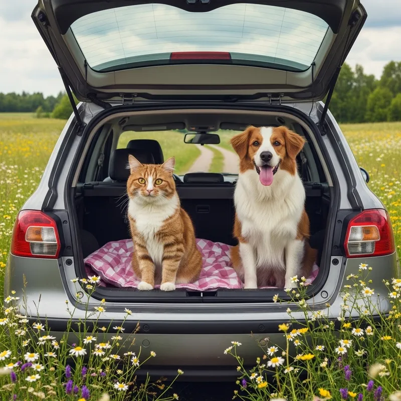 Cat and Dog Embark on Dacha Journey: Photorealistic Scene Cat and Dog Embark on Dacha Journey: Photorealistic Scene