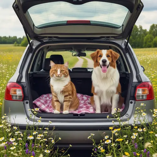 Cat and Dog Journey to Dacha: Photorealistic Scene