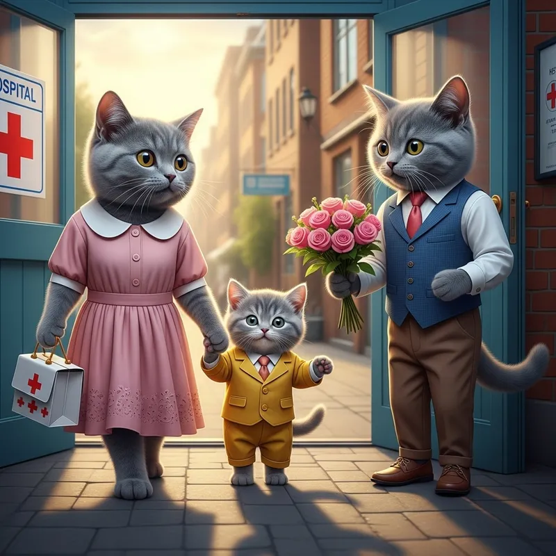 Realistic Family Cats in Stylish Outfits with Flower Bouquet