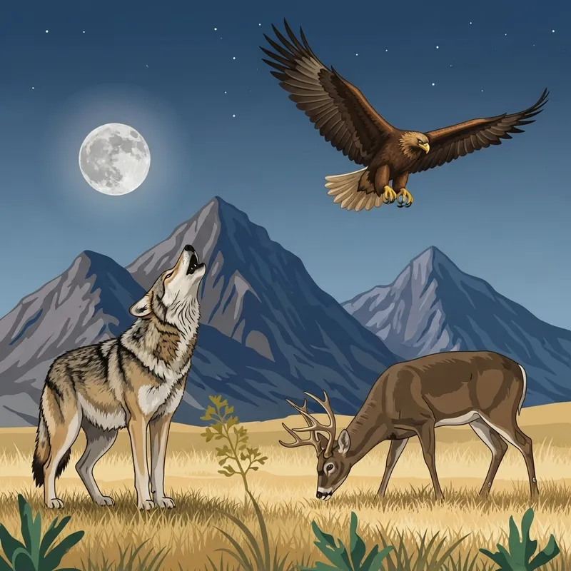 Mexican Wildlife: Wolf, Deer, Eagle, Moon & Scenic Mountains Mexican Wildlife: Wolf, Deer, Eagle, Moon & Scenic Mountains