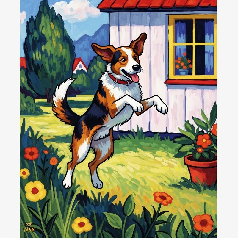 Loyal Dog Mid-Jump in Vibrant and Whimsical Setting