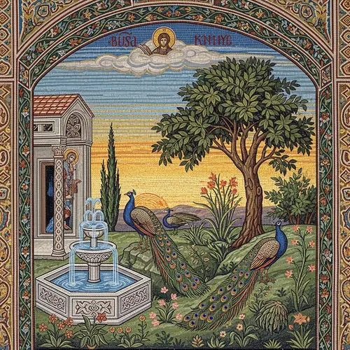 Byzantine-Inspired Mosaic Art in Tranquil Garden Setting