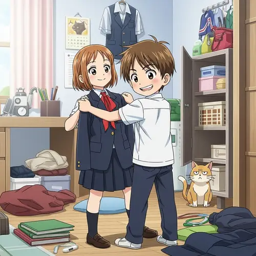 Playful Young Boy Trying on Sister's School Uniform - Comedy Anime Scene